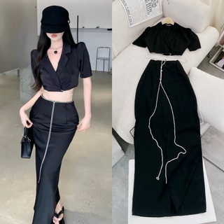 Set áo vest croptop tay ngắn + chân váy dài xẻ đùi dây đá, bộ đầm cá tính sang trọng quyến rũ đi chơi dự tiệc sinh nhật