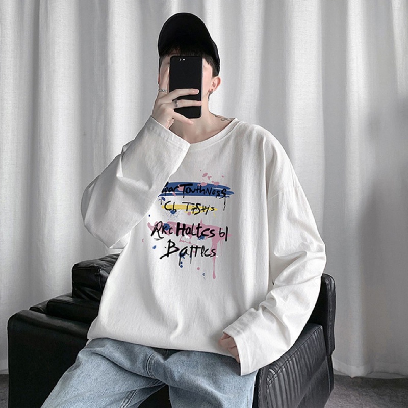 【M-5XL】Áo thun tay dài cổ tròn dáng rộng in chữ thiết kế đơn giản thoải mái thời trang mùa đông Nhật Bản cho nam