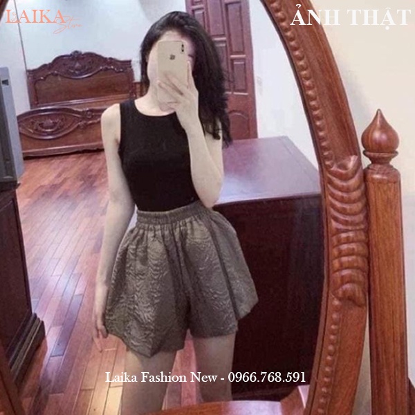 Quần đùi nữ mặc nhà lưng cao cạp chun thun co giãn vải xốp phồng dập nổi 3D hoa hồng dáng quần short nữ ống rộng ở nhà