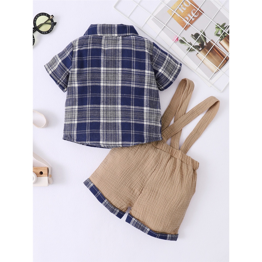 Set đồ 2 món MIKRDOO áo sơ mi tay ngắn cổ thắt nơ họa tiết ca rô và quần đùi yếm thời trang mùa hè cho bé trai sơ sinh