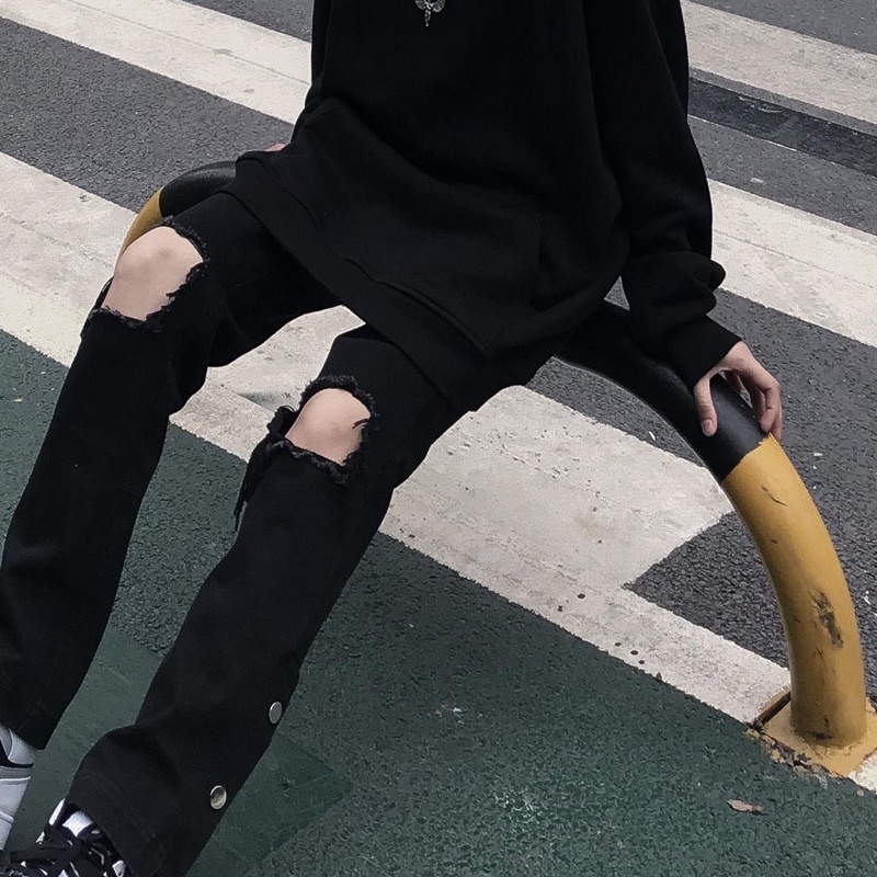 Quần jean button 3 cúc rách gối nam nữ phong cách unisex cargo pant