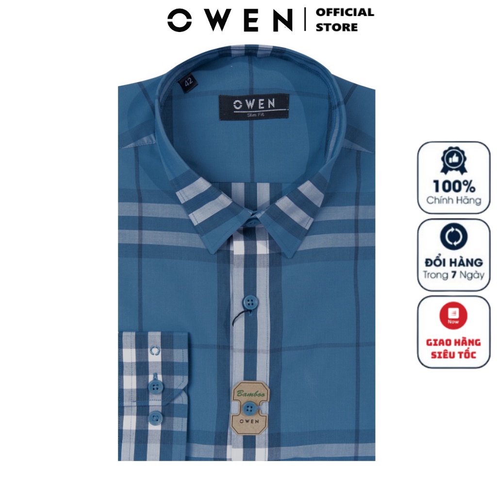 Áo Sơ Mi Nam Dài Tay OWEN AS220054D Somi Công Sở Vải Sợi Tre Cao Cấp Màu Kẻ Caro Lớn Xanh Xám Dáng Ôm Tà Lượn Không Túi