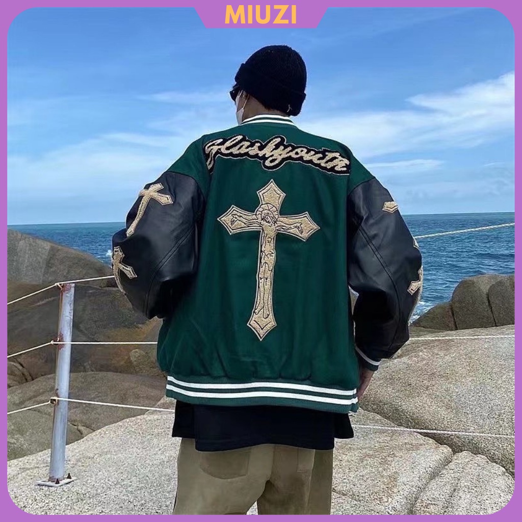 Áo bomber Miuzi unisex,áo bóng chày thêu hình thánh giá phối tay da DT048