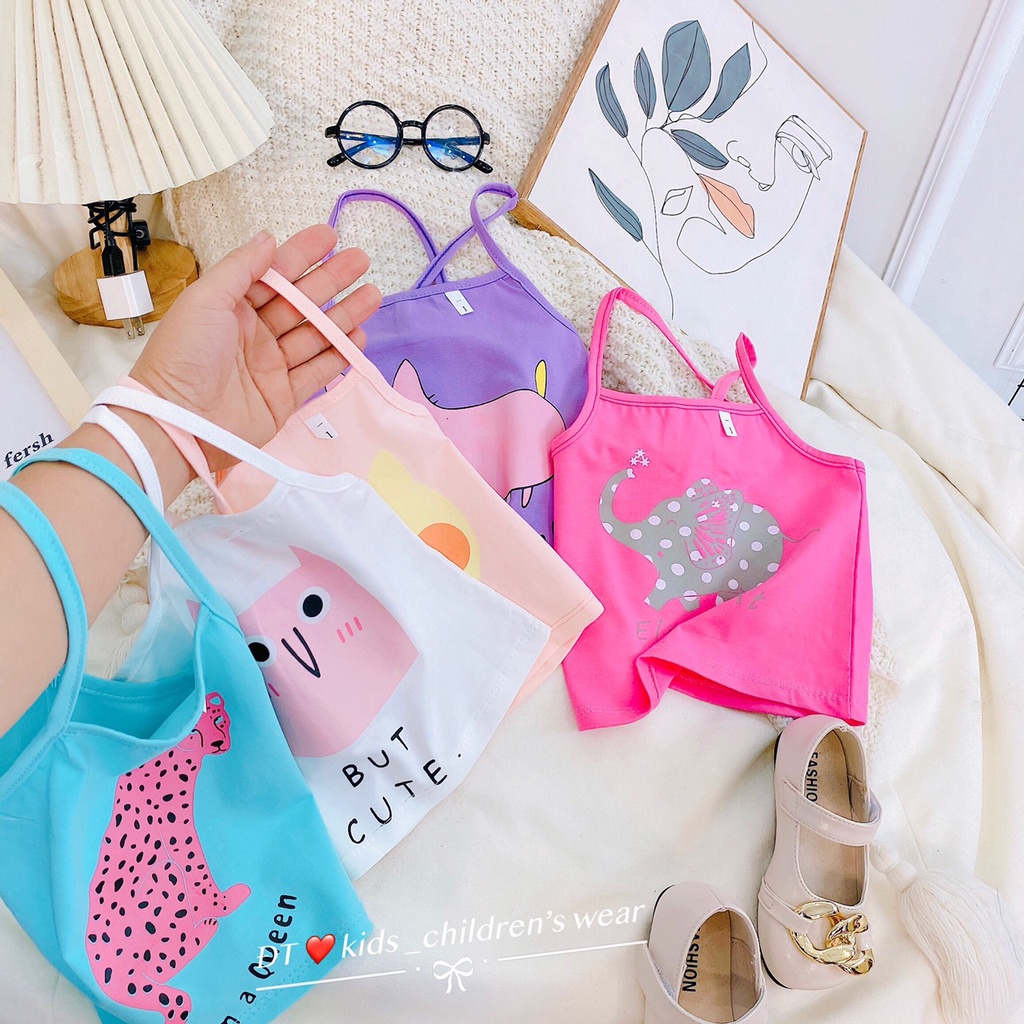 XẢ HÀNG Áo 2 dây bé gái, áo 2 dây lưng đan chéo chất cotton hình ngộ nghĩnh cho bé