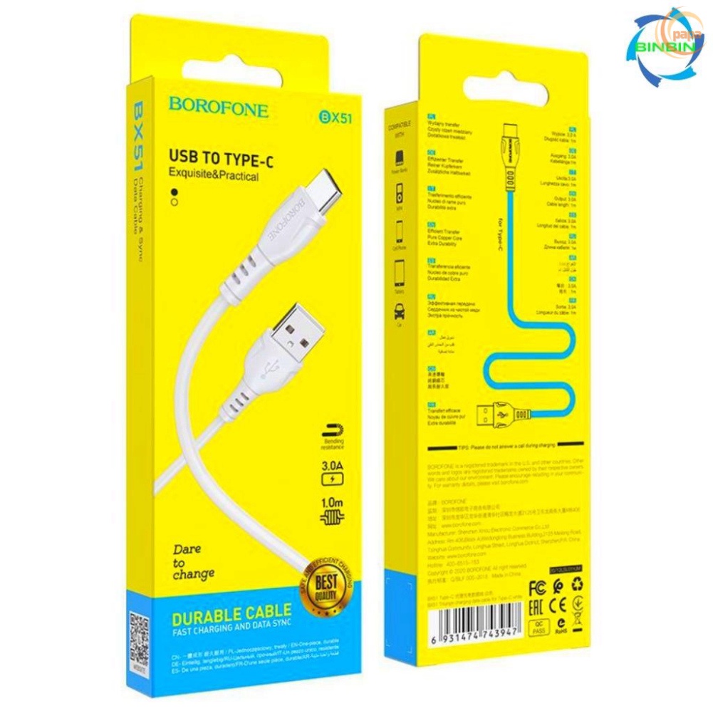Dây sạc type c, Cáp sạc type c Borofone BX51 sạc nhanh 3A  cho điện thoại androi, samsung, oppo, xiaomi..