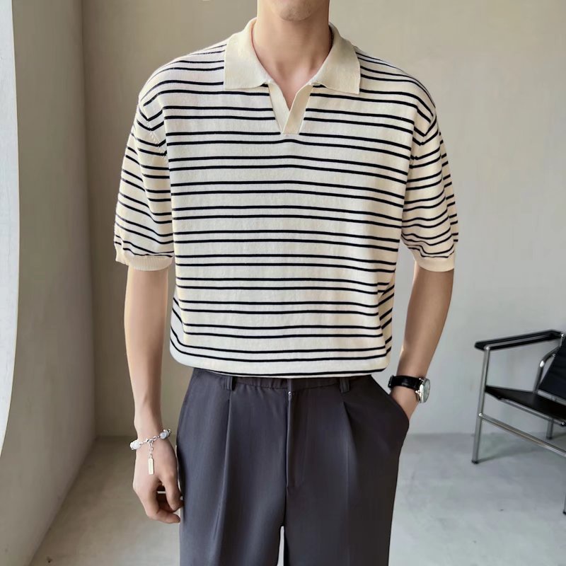 Áo Thun polo Tay Ngắn Dáng Rộng Họa Tiết Kẻ Sọc 2 Màu Size M-3XL Phong Cách Hàn Quốc Thời Trang Mùa Hè Cho Nam