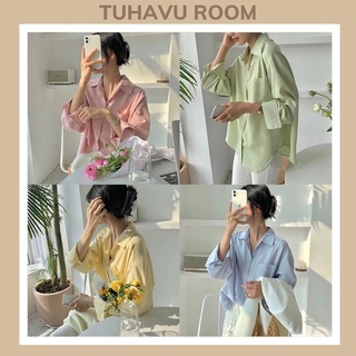 ( Sẵn Hồng, Vàng) Áo sơ mi dài tay vạt bầu dáng rộng tông màu pastel