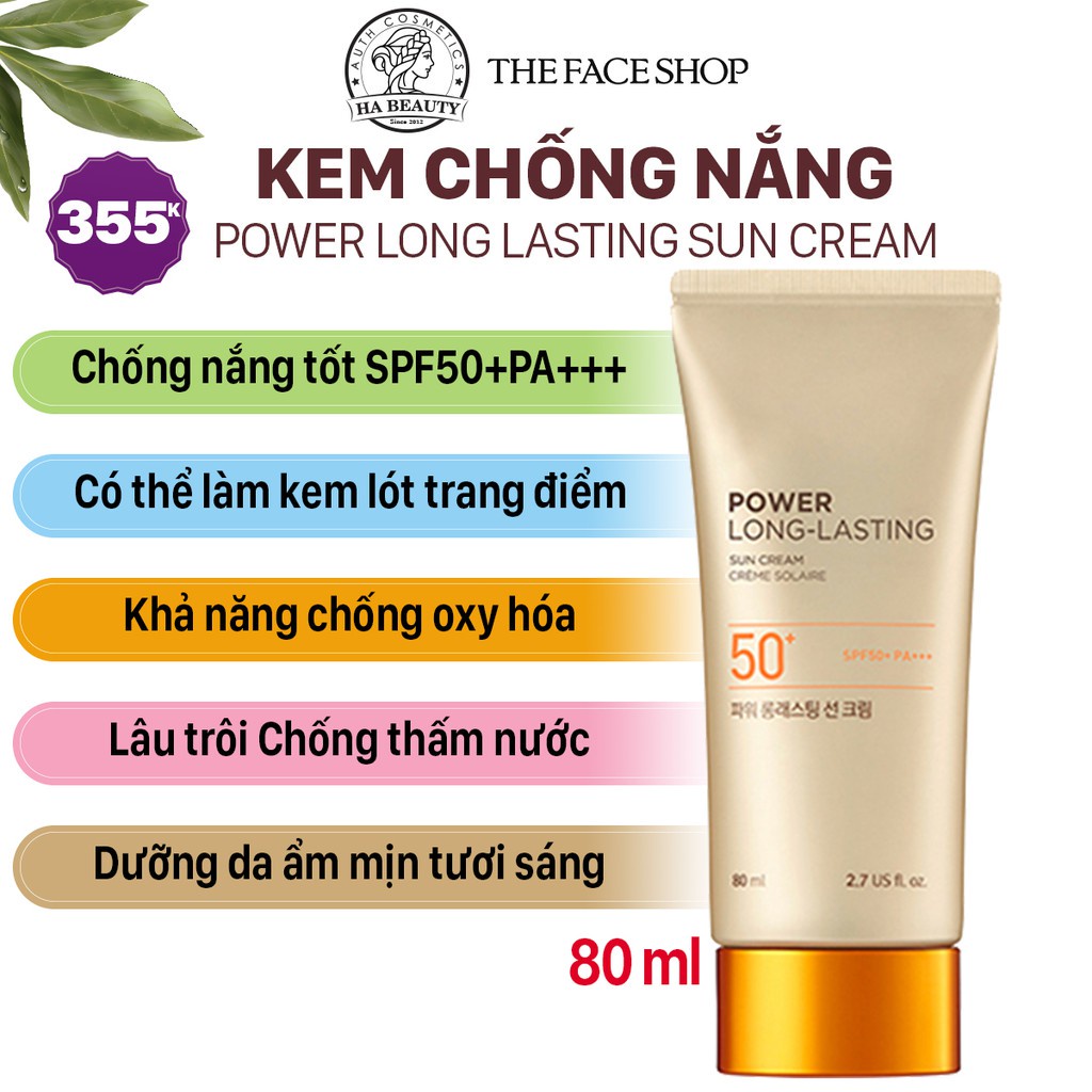 Kem chống nắng trang điểm dưỡng da chống nước lâu trôi The Face Shop Natural Sun Eco Power Long Lasting SPF50+PA+++ 80ml