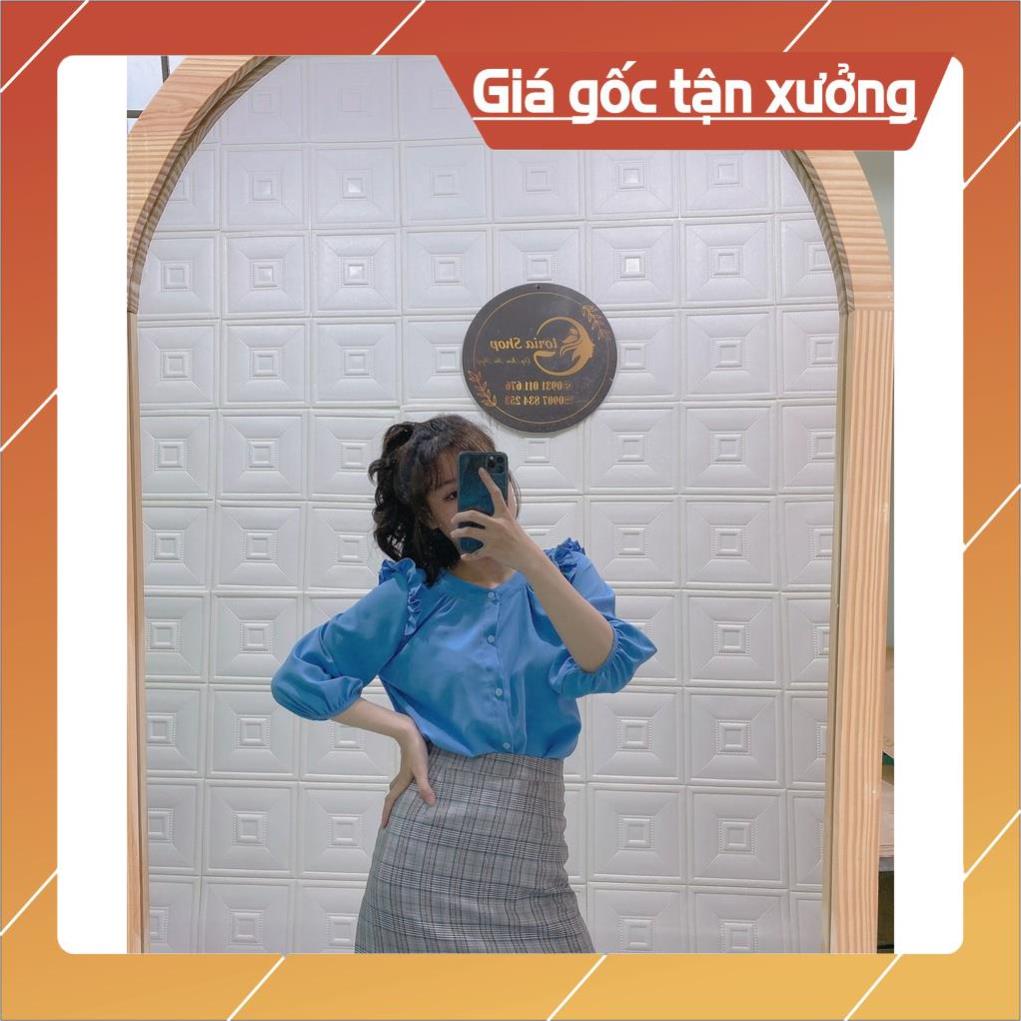 [Chất lượng số 1] Áo sơ mi công sở cổ tròn nhấn bèo vai tay lửng màu xanh thanh lịch thời trang Gloria shop | BigBuy360 - bigbuy360.vn