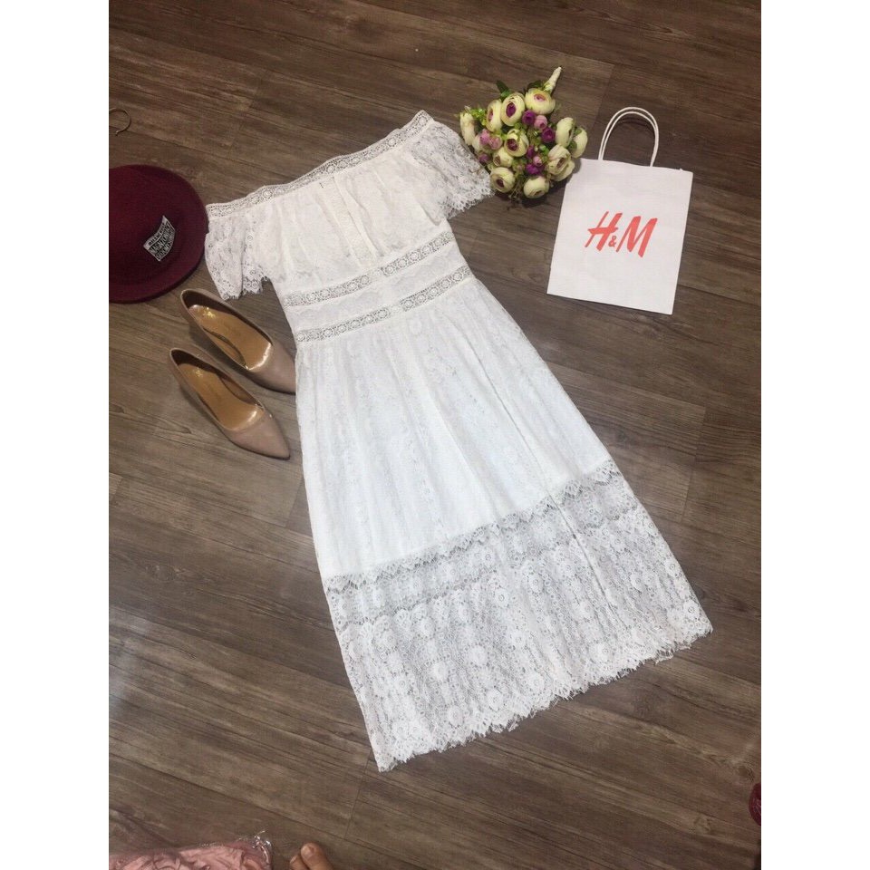 Đầm ren bẹt vai, váy ren trễ vai màu trắng size S, M, L rất xinh, ren nhập hàn chuẩn( 593 C00 CH ) EH | BigBuy360 - bigbuy360.vn