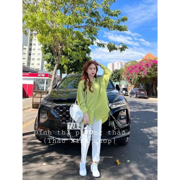 SET ÁO SƠ MI XANH BƠ THẮT NƠ DÂY RÚT MIX QUẦN  ĐŨI TRẮNG