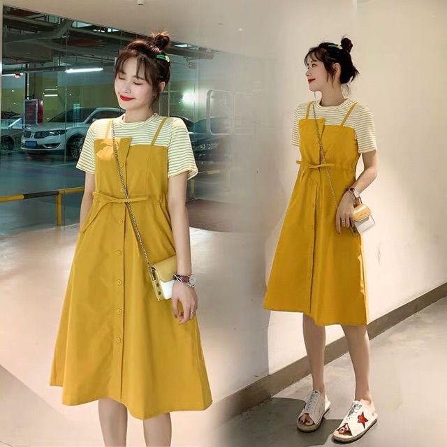 {Order bigsize,M-4Xl}Váy liền thân vàng dáng yếm dây rút eo - Hàng Quảng Châu