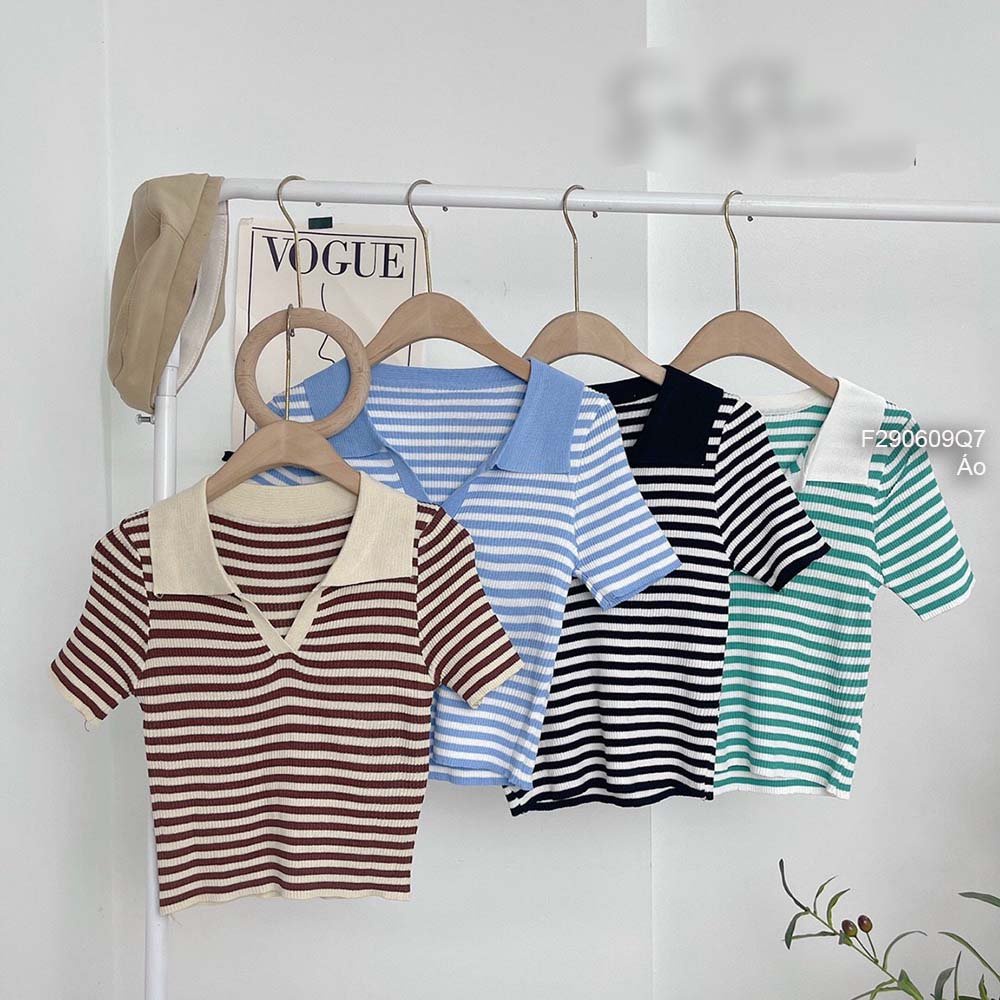 Áo len tăm croptop phối kẻ sọc cổ bẻ tay con hàng QC!