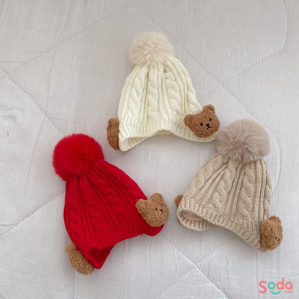 Mũ len che tai đính gấu dễ thương cho bé trai và bé gái (Ảnh thật)