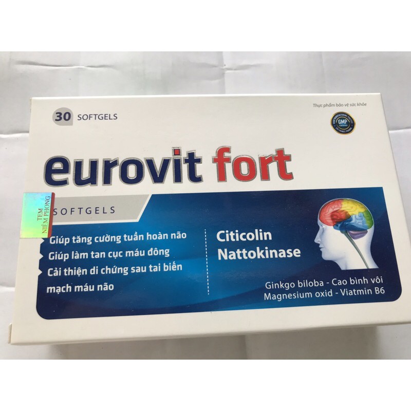 Hoạt huyết Eurovit fort giúp tăng cường tuần hoàn não,giúp tan cục máu đông,cải thiện di chứng sau tai biến mạch máu não