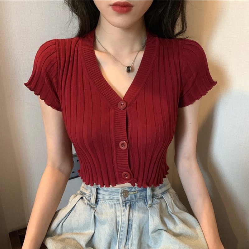 Áo cardigan dệt kim tay ngắn quốc phối nút cài xinh xắn phong cách Hàn Quốc 2022 AN2 video thật tự quay