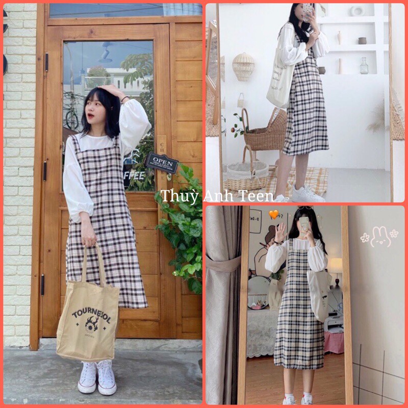 [Mã FADI5K245 giảm 5K đơn 0đ] Set váy yếm kẻ caro tặng kèm áo tay bồng Ulzzang, Set váy vintage kèm áo tay bo siêu xinh