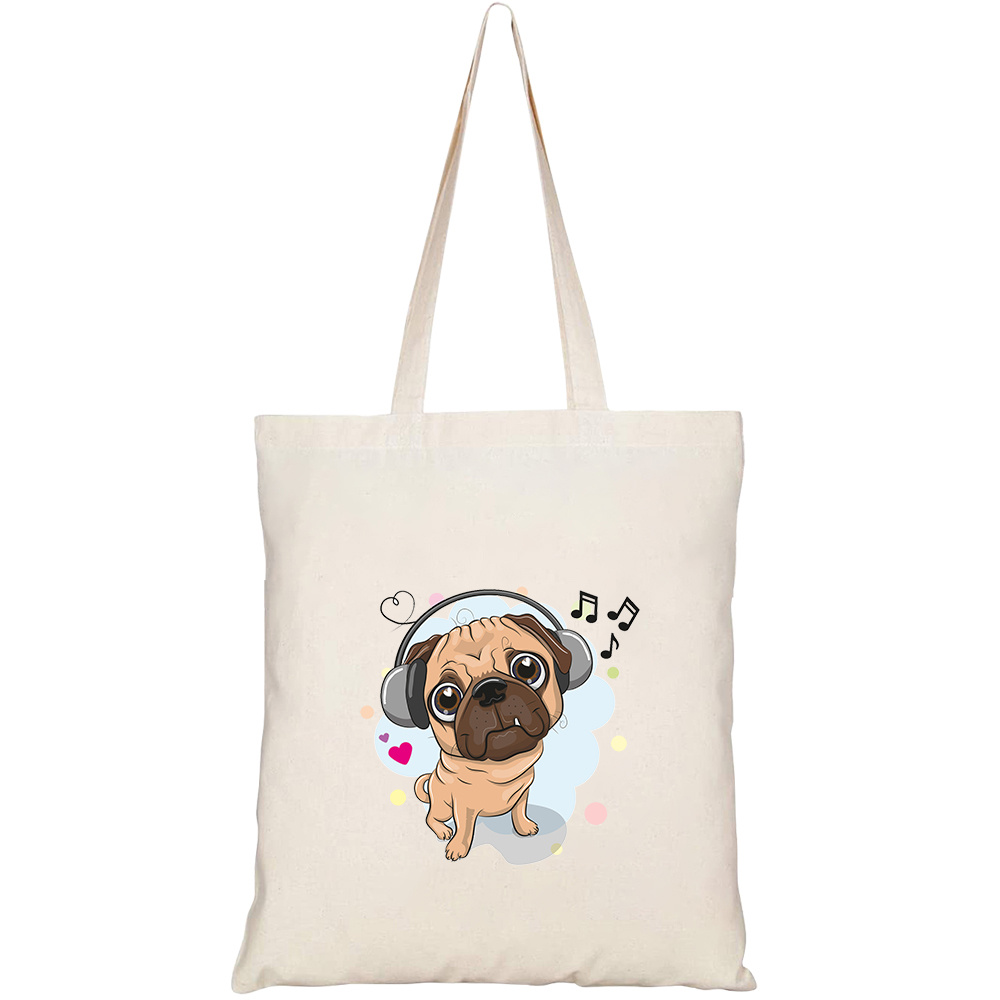 Túi vải tote canvas HTFashion in hình cute cartoon pug dog headphones HT473