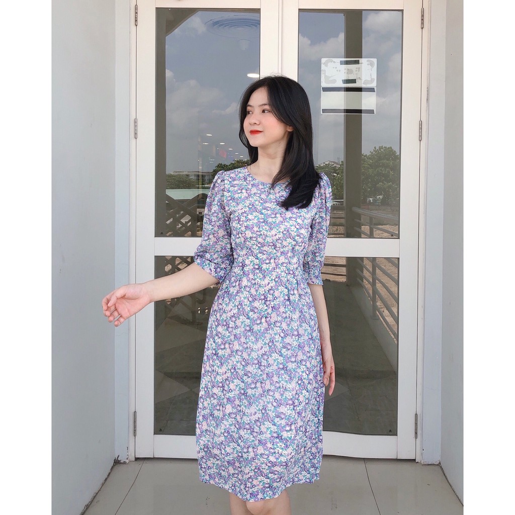 ĐẦM VÁY HOA LỤA 2 LỚP CỔ TRÒN TAY LỠ DÁNG XÒE CÓ DÂY CỘT PHẦN EO PHÍA SAU - Hình Thật Shop Chụp