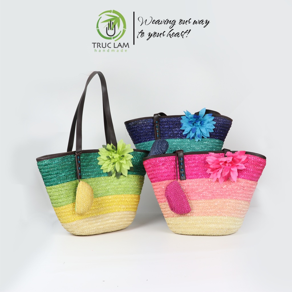 Túi Cói Thời Trang Nữ Thân Nhiều Màu Sắc Trang Trí Bông Hoa Gắn Ví Treo Nhỏ – Trúc Lâm Handmade