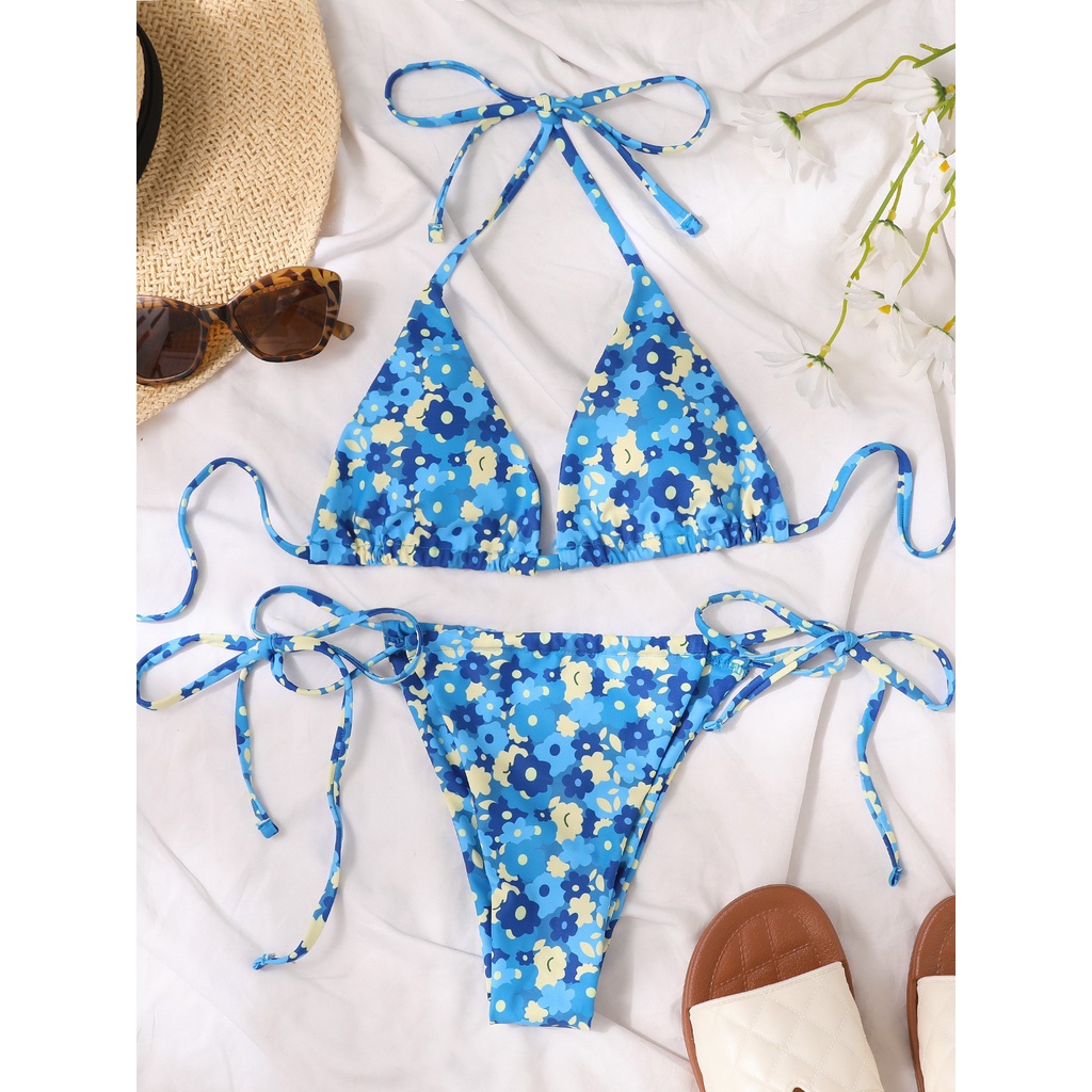 Bộ Bikini Hai Mảnh Họa Tiết Hoa Màu Xanh Dương Có Mút Nâng Ngực Cho Nữ | BigBuy360 - bigbuy360.vn