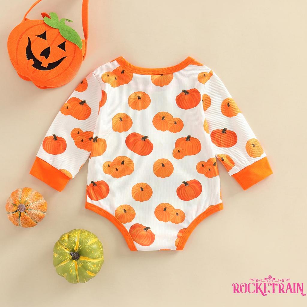 Áo Liền Quần Dài Tay Cổ Tròn Họa Tiết Bí Ngô Halloween Cho Bé