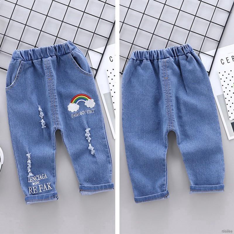 ruiaike  Boy Girl Kids Long Pants Letters Rainbow Print Denim Pants Straight Loose Jeans Trousers