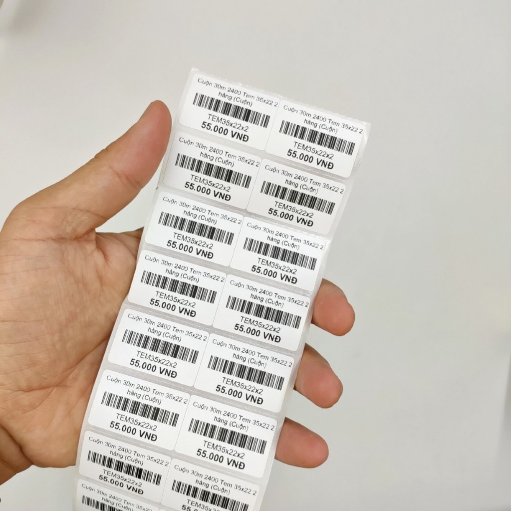 Cuộn 2400 tem decal nhiệt 35x22mm dài 30m dùng in tem sản phẩm mã vạch Minicode dán lên hàng hóa