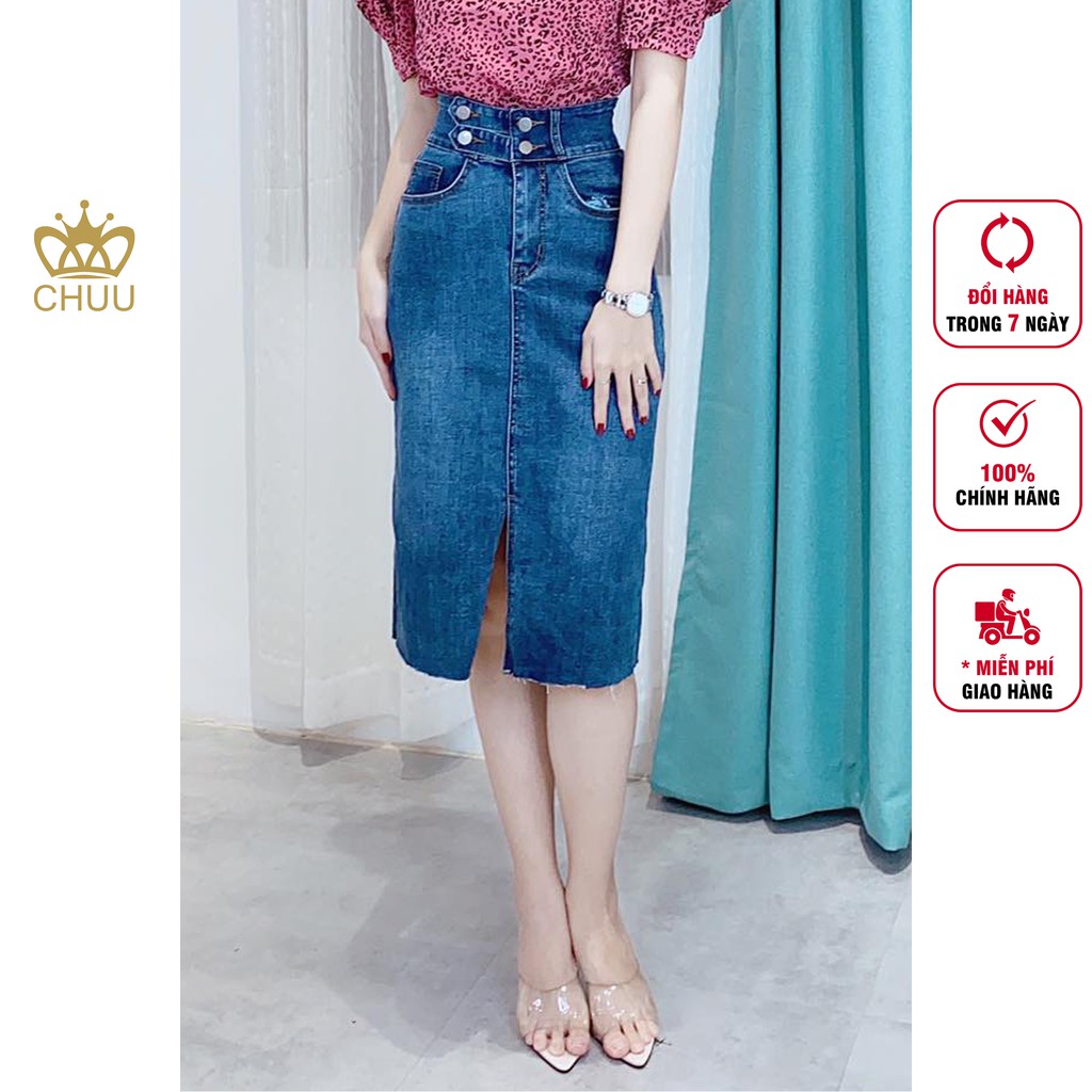Chân váy jean công sở nữ kiểu xẻ tà trước đính 4 nút CHUU CV6132