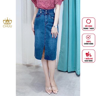 Chân váy jean công sở nữ kiểu xẻ tà trước đính 4 nút CHUU CV6132