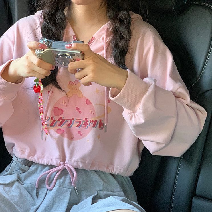 Jiashucheng Áo Hoodie Lửng Tay Dài Dáng Rộng In Hình Gấu Hoạt Hình Màu Hồng Thời Trang Mùa Thu Cho Nữ