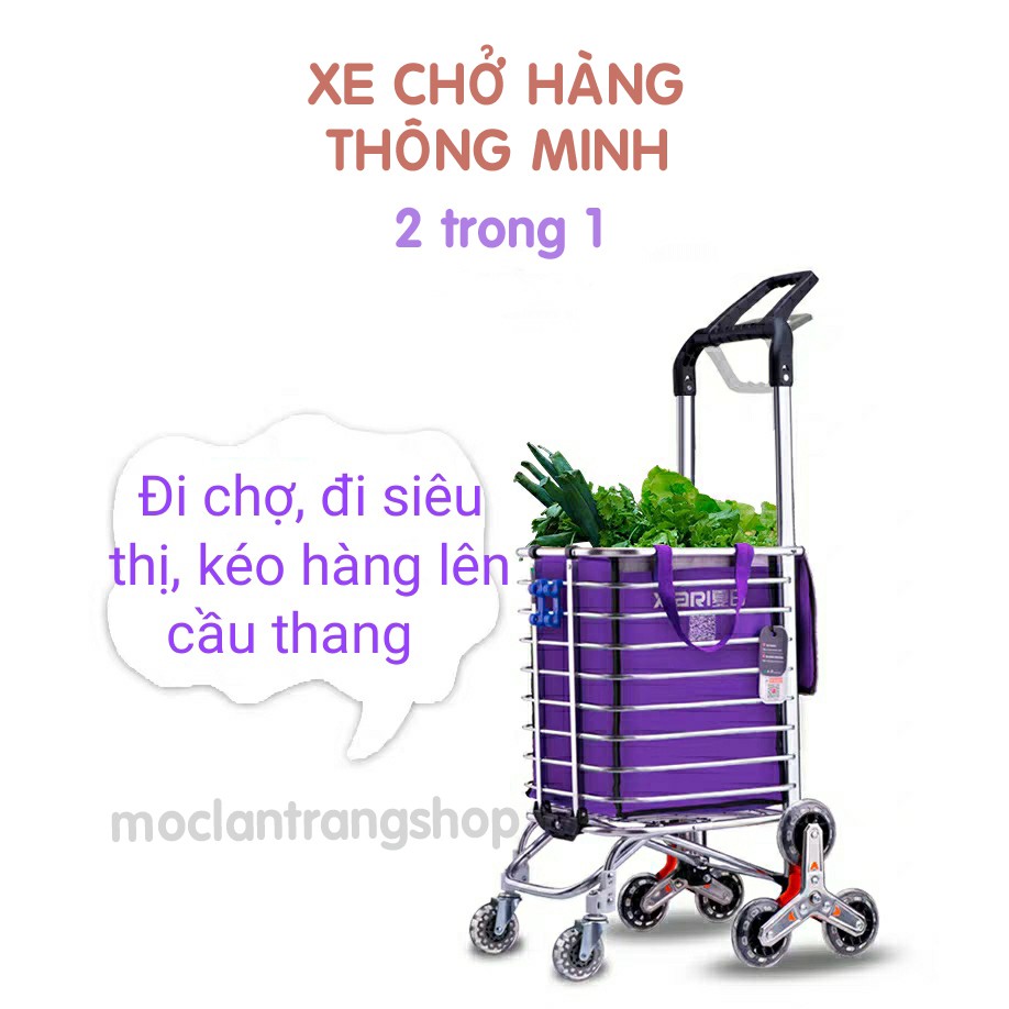 Xe đẩy kéo hàng inox đa năng 2 trong 1 thông minh leo bậc thang kèm túi vải. Xe kéo đi chợ, siêu thị chở hàng gấp gọn