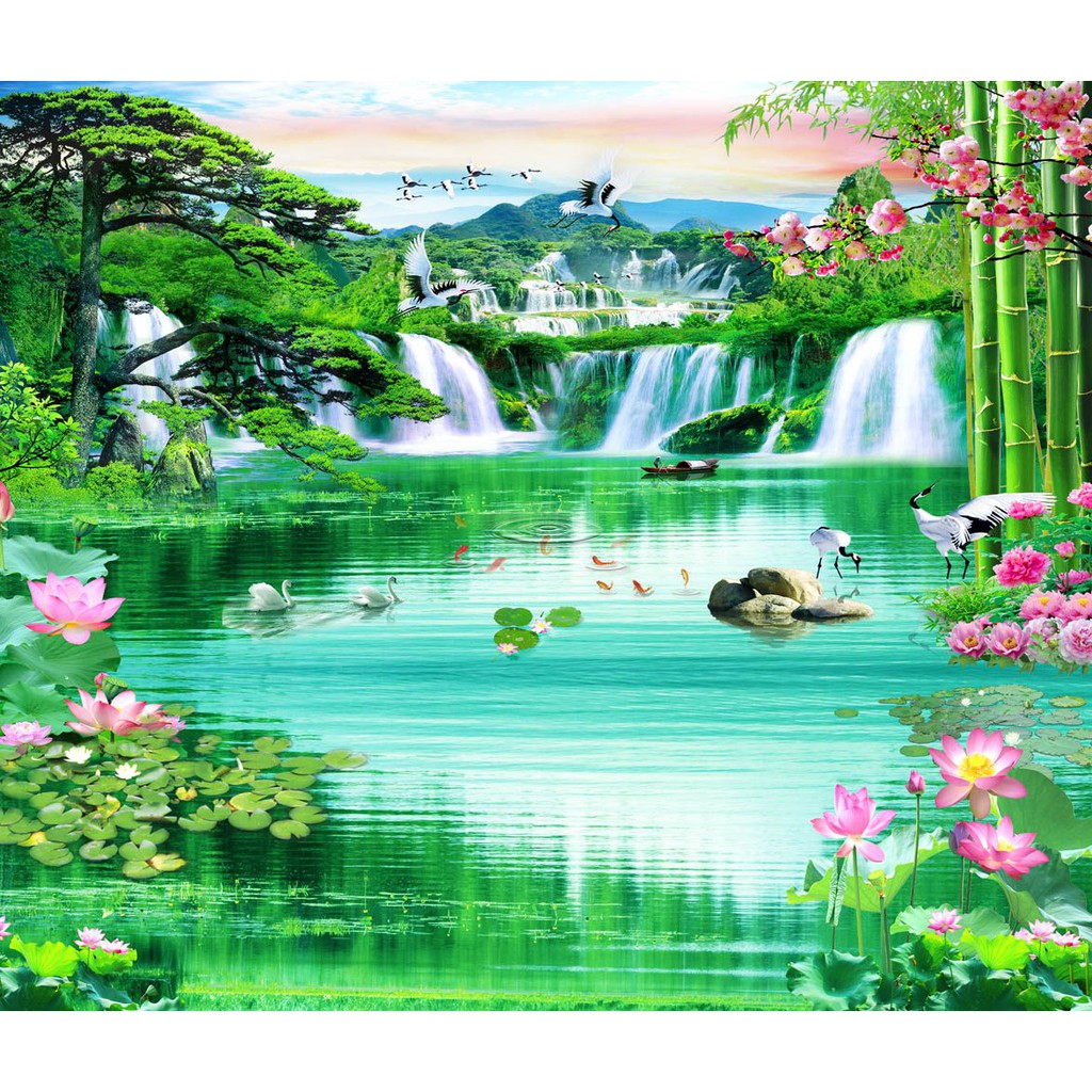 Tranh dán tường 3D sơn thủy - vải lụa phủ kim sa (Kích thước theo yêu cầu)
