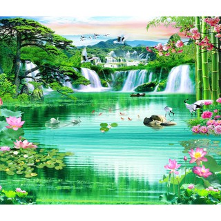 Tranh dán tường 3D sơn thủy - vải lụa phủ kim sa (Kích thước theo yêu cầu)
