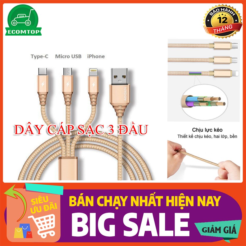 [Bán Sỉ] Dây cáp sạc 3 đầu bọc dù dài 1,2 m cổng type c lightning micro usb bền chống đứt chống nước big sale hôm nay