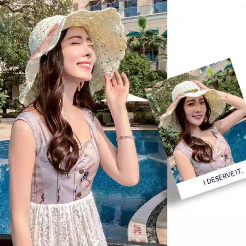 Nón đi biển mũ cói rộng vành nữ Panama gấp gọn thời trang Hàn Quốc