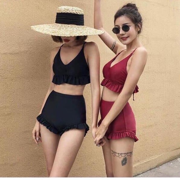 Bikini Áo tắm 2 mảnh diềm đen, đỏ buộc dây lưng (ảnh thật) -B06