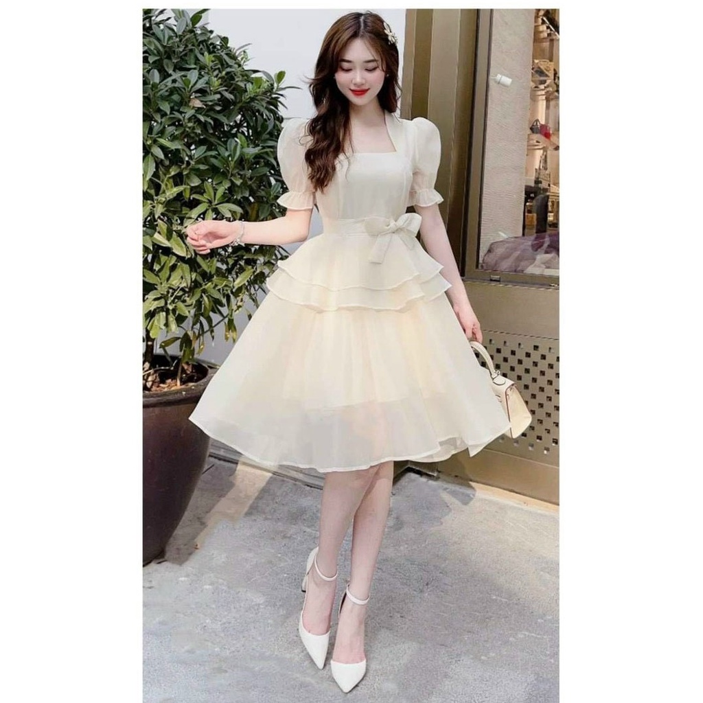 [HCM] Đầm Nữ Tay Phồng Xếp Tầng Cột Nơ Thời Trang Nữ Sam Closet Free Size 40-55kg