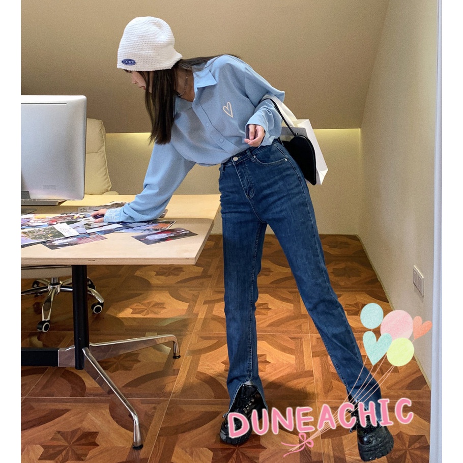 DUNEA Quần jean dài lưng cao dáng rộng co giãn tốt thiết kế quyến rũ cho nữ