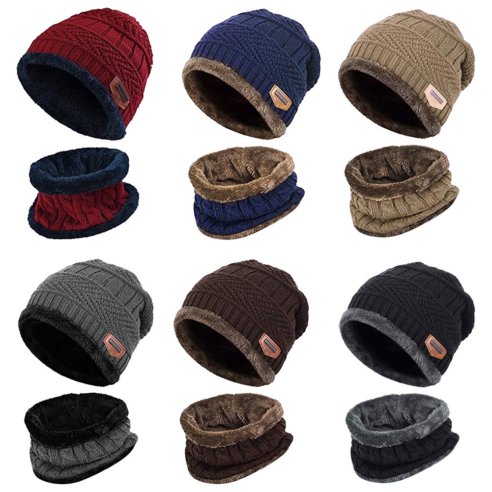 Mũ Beanie Kiêm Khăn Choàng Cổ Dệt Kim Giữ Ấm Mùa Đông Cho Nam Nữ