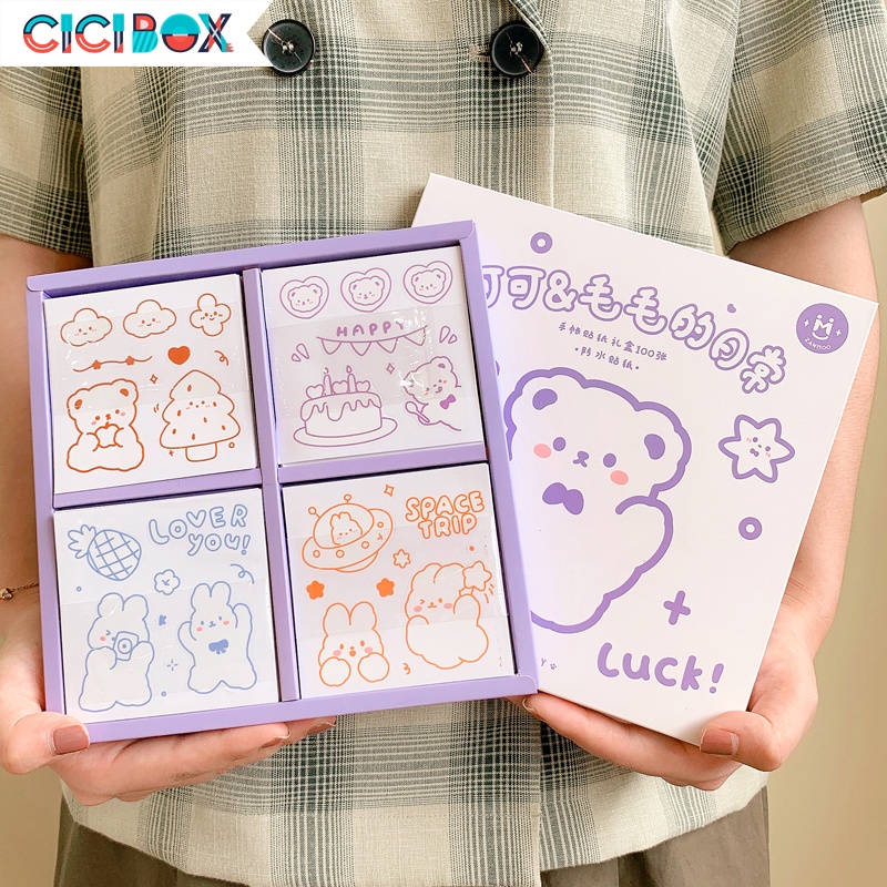 Sticker họa tiết hoạt hình hộp 100 tấm đáng yêu Nhãn dán trang trí vở, điện thoại cute CICIBOX