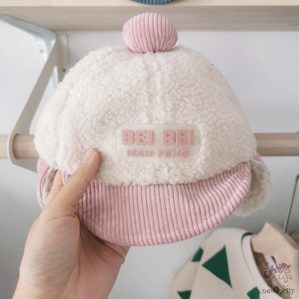 Mũ lông cừu thiết kế có vành tai in chữ phong cách Hàn Quốc thời trang dễ thương cho bé