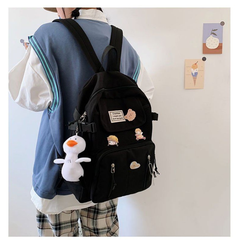 Balo nữ chất vải canvas chống thấm phong cách trẻ trung tặng sticker kèm móc vịt