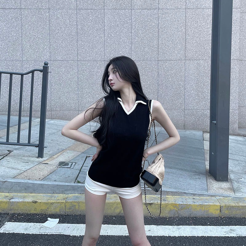 Áo dệt kim ZHELIHANGFEI không tay cổ polo phối màu đen trắng cá tính