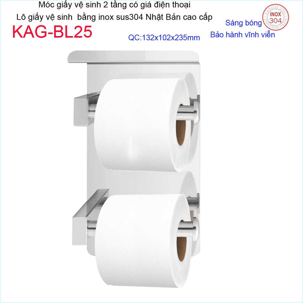 Móc giấy vệ sinh 2 tầng KAG-BL25 có giá đỡ điện thoại, kệ để giấy 304 Nhật Bản inox bóng dập khuôn sắc sảo sang trọng