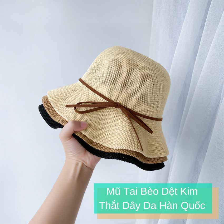 Mũ tai bèo dệt kim thắt dây da Hàn Quốc