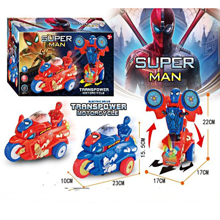 (GIẢM MẠNH) Trò chơi chiếc xe máy spiderman tự động biến hình thành người máy sử dụng pin AA có nhạc và đèn cực bền