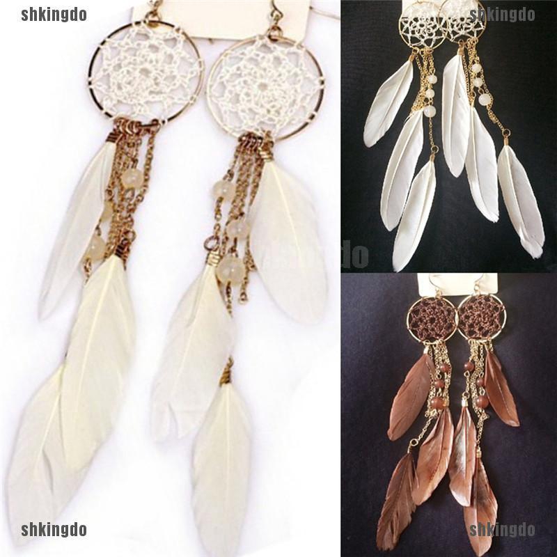 Hoa tai dáng dài phong cách Dreamcatcher phối tua rua lông vũ thời trang