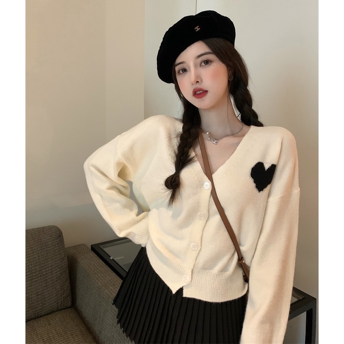 Áo Khoác Cardigan Dệt Kim Tay Dài Họa Tiết Trái Tim Phong Cách Hàn Quốc Thời Trang Cho Nữ | BigBuy360 - bigbuy360.vn