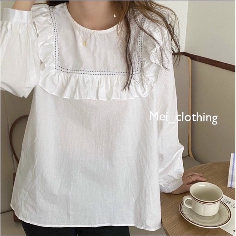 [Ảnh thật/video] Áo sơmi cổ bèo vuông tay bồng basic/ sơ mi trắng nữ